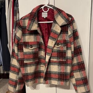 Cyrus Women's Red, Beige, and Black Plaid Utility Jacket